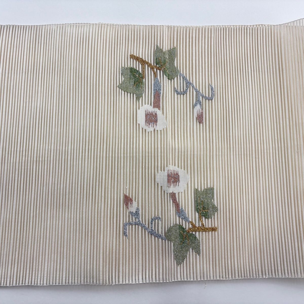 5-274 夏帯 夏物 名古屋帯 八寸 美品 正絹 着物 松葉仕立て 絽 名古屋帯 美品 秀品 夏帯 絽 八寸名古屋帯 松葉仕立て 草花 金