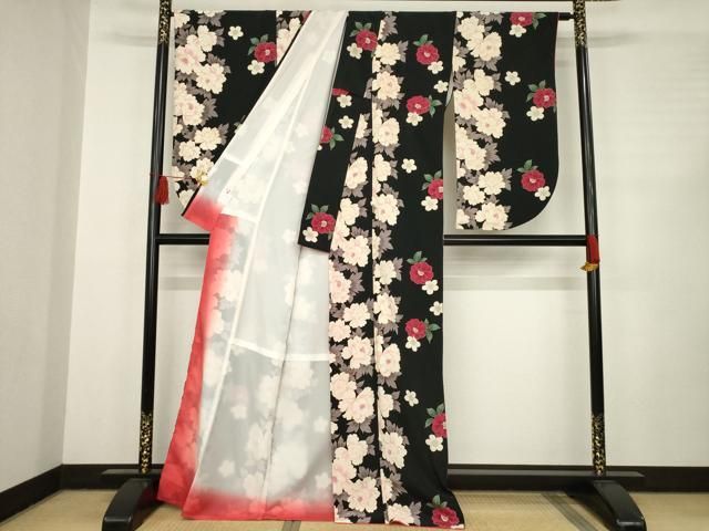 平和屋着物 小振袖 二尺袖 花間道 黒地 洗える着物 AABC8088ck