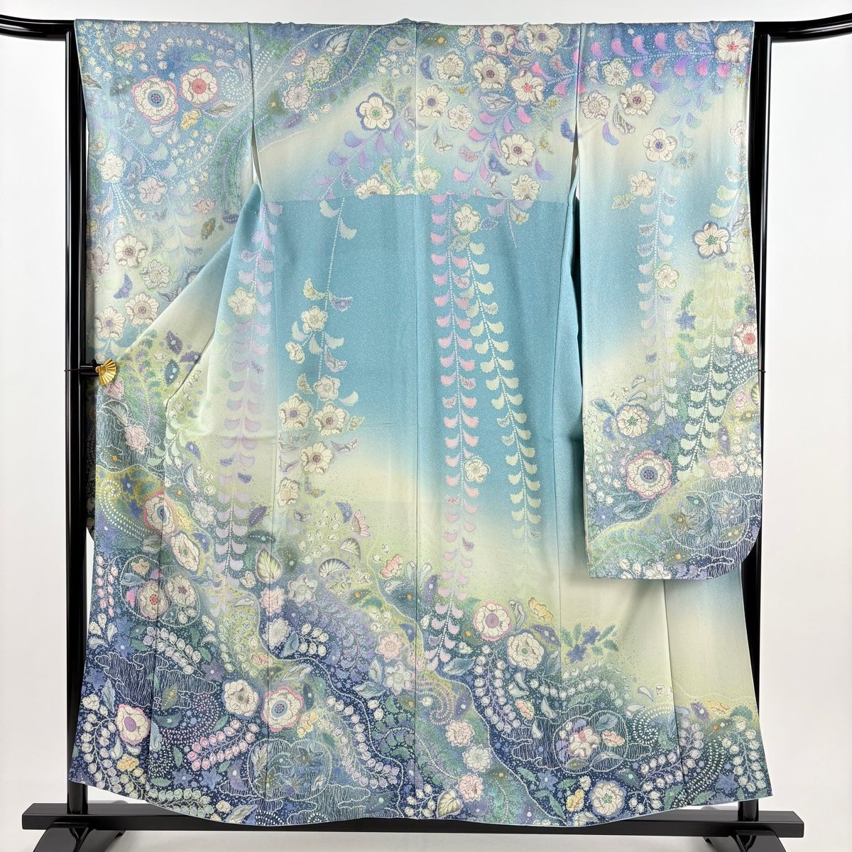 振袖 身丈157.5cm 裄丈64cm M 袷 辻が花柄 霞 銀通し ぼかし 水色 正絹