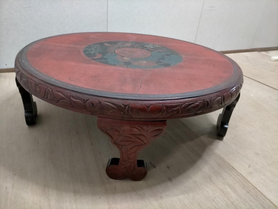 中国骨董 唐家具 レトロ 装飾彫り 円卓 座卓 ちゃぶ台 ローテーブル