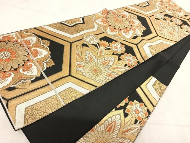 平和屋着物◎六通柄袋帯　唐織　大宮どんす　花丸文　黒地　金糸　正絹　逸品　AABI1015yx 平和屋着物◎六通柄袋帯 唐織 更紗花文 黒地 金糸 正絹 逸品