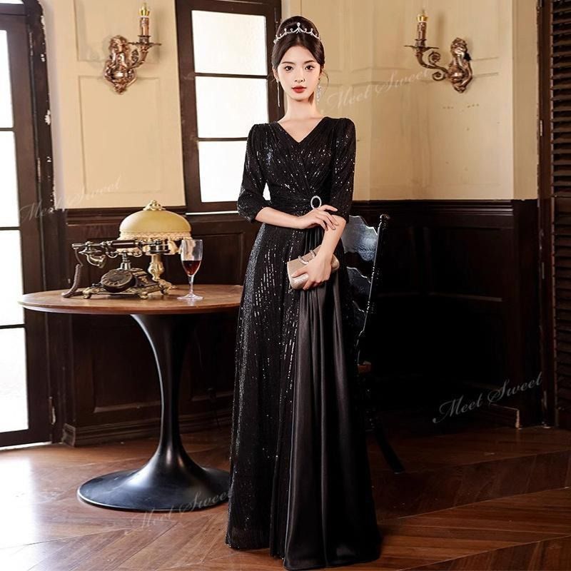 シャンパン 袖付き スパンコール 演奏会用ドレス 結婚式 演奏会 二次会 フォーマル パーティードレス 20代 30代