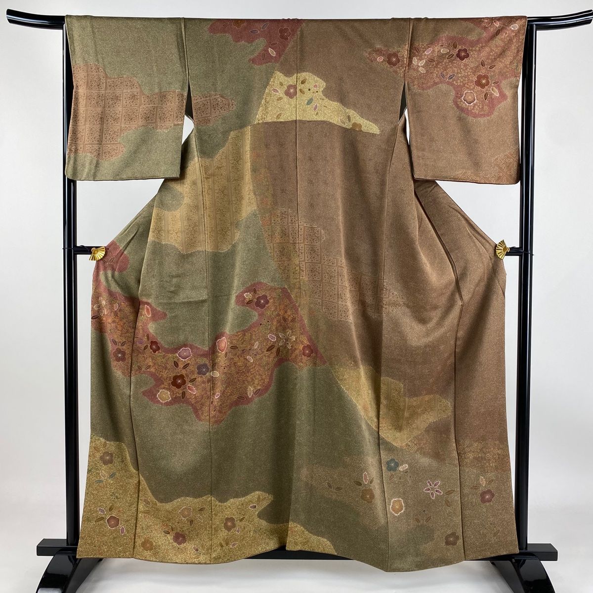 訪問着 身丈157.5cm 裄丈65cm M 袷 梅 草花 金彩 染分け 茶緑色