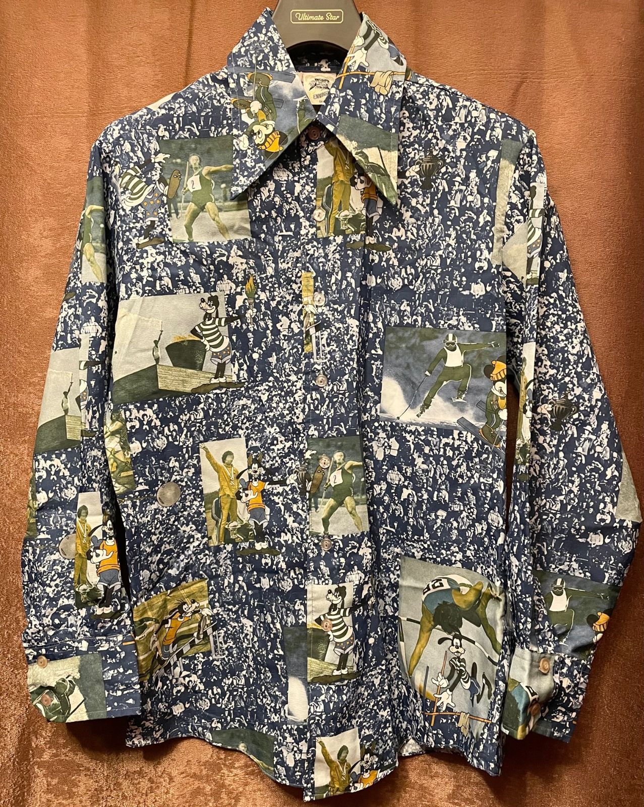 品 70 s DISNEY オリンピックプリント長袖総柄シャツ ネイビー Lサイズ
