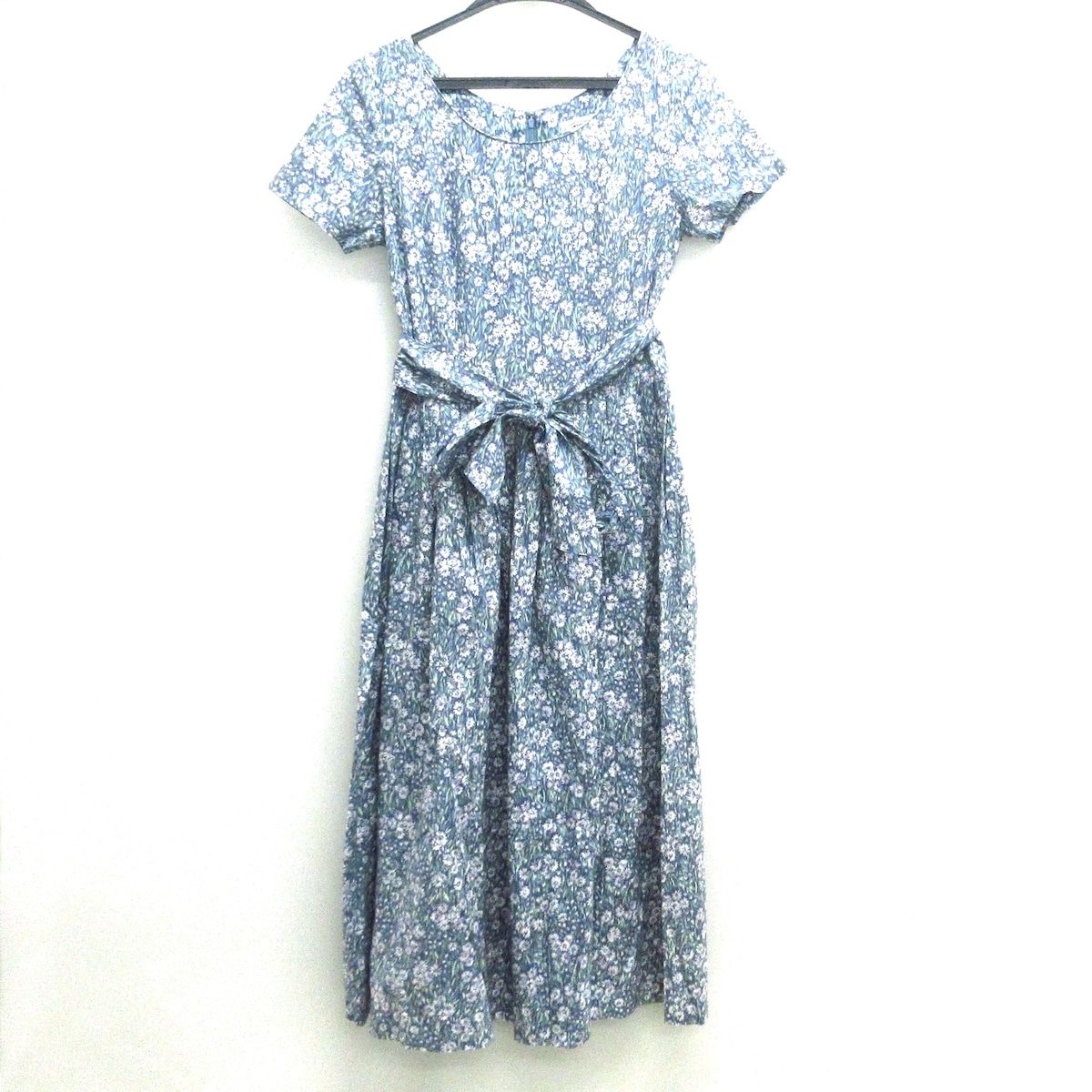 LAURAASHLEY ローラアシュレイ ワンピース サイズ9 M レディース - ブルーグレー×グリーン×マルチ クルーネック 半袖 ロング 花柄