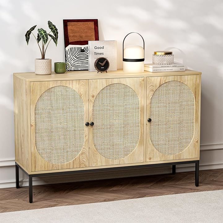 IKIFLY ラタンキャビネット 木製 サイドボード 3扉 チェスト