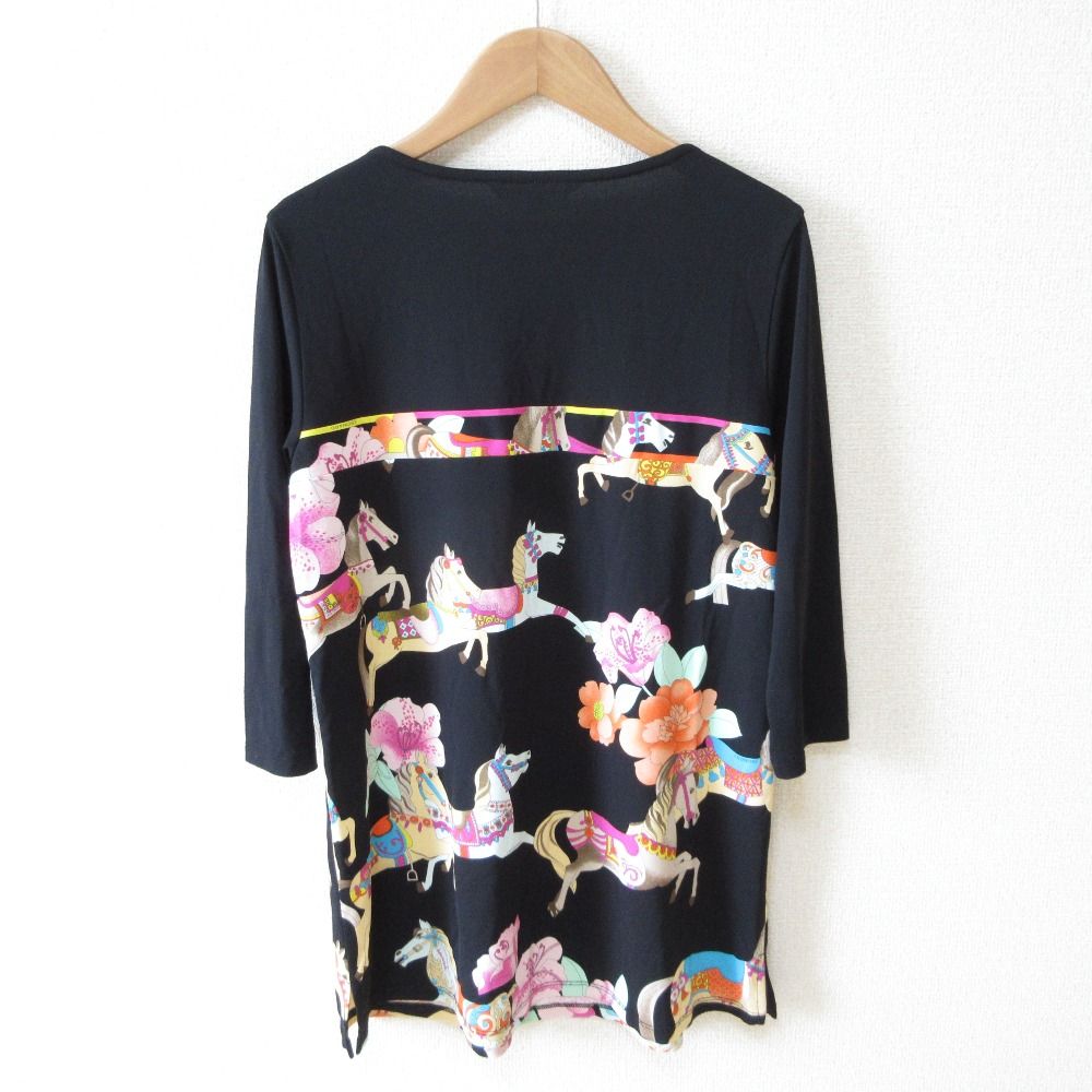LEONARD SPORTS レオナールスポーツ 馬 ホースプリント 七分袖 チュニック カットソー 38 ブラック レディース 古着