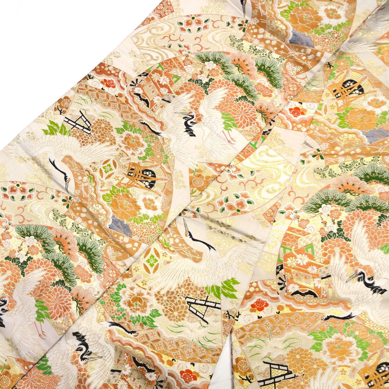 正絹 丸帯 扇 鶴 花 松 No.200701-0470 梱包サイズ60