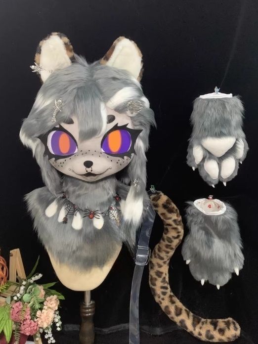 ファースーツ 着ぐるみセット NO.122 豹 グレー ヒョウ柄 ケモノ ファースーツ 全頭ヘッド ぬいぐるみ コスプレ コスチューム
