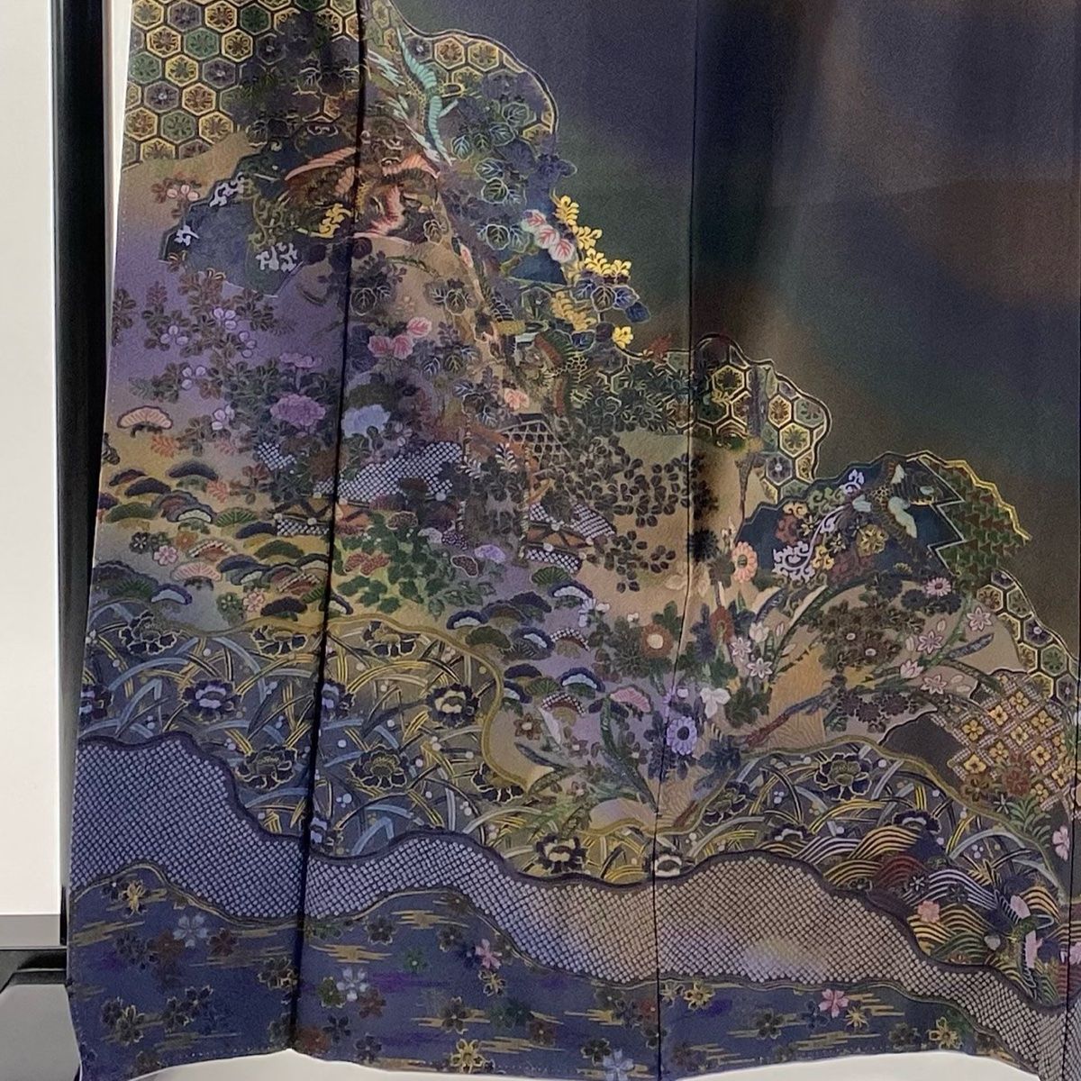 訪問着 身丈166cm 裄丈65.5cm M 袷 前田仁仙 落款 鳳凰 草花 金彩 ぼかし 濃紫 正絹 秀品 一つ紋
