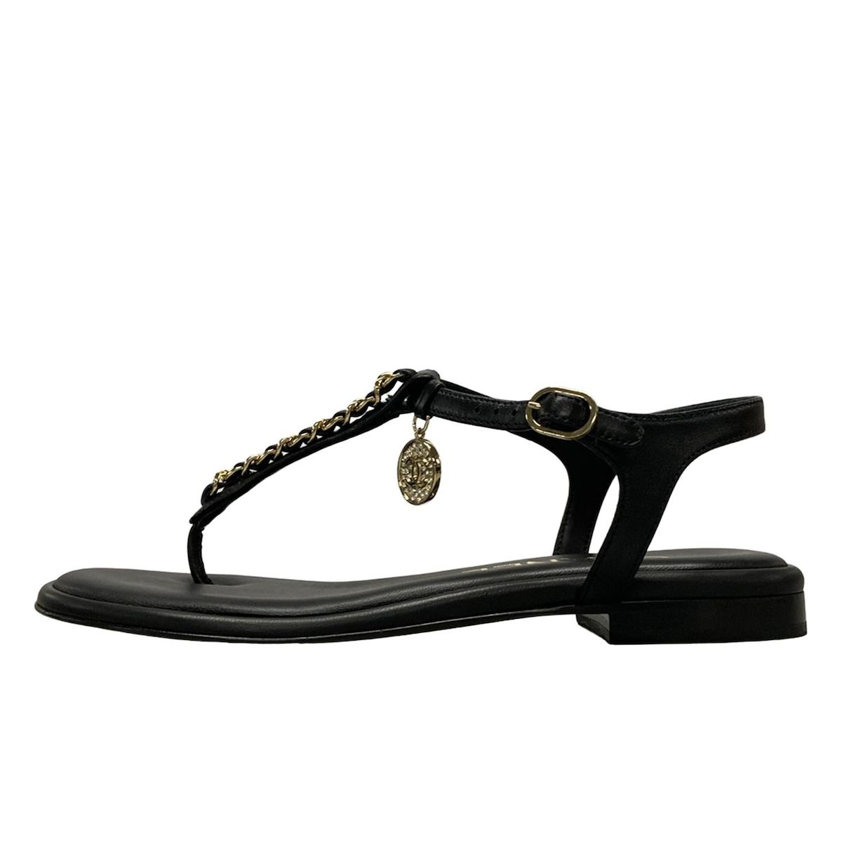CHANEL シャネル サンダル 37 C レディース - G45770 黒 ゴールド金具 メダル チェーン ラインストーン レザー