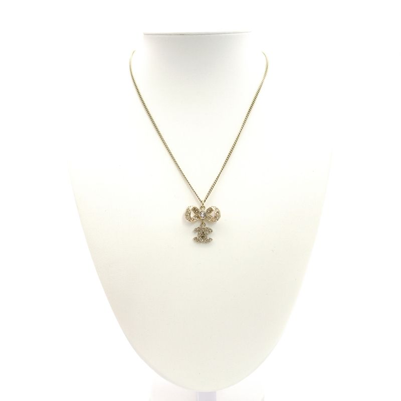 箱付き CHANEL ココマーク リボン ラインストーン ネックレス B14K