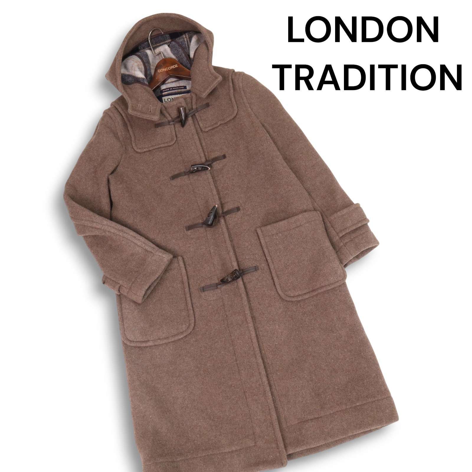 英国製 LONDON TRADITION ロンドントラディション 秋冬 ウール 裏地チェック ロング ダッフル コート Sz.38 レディース