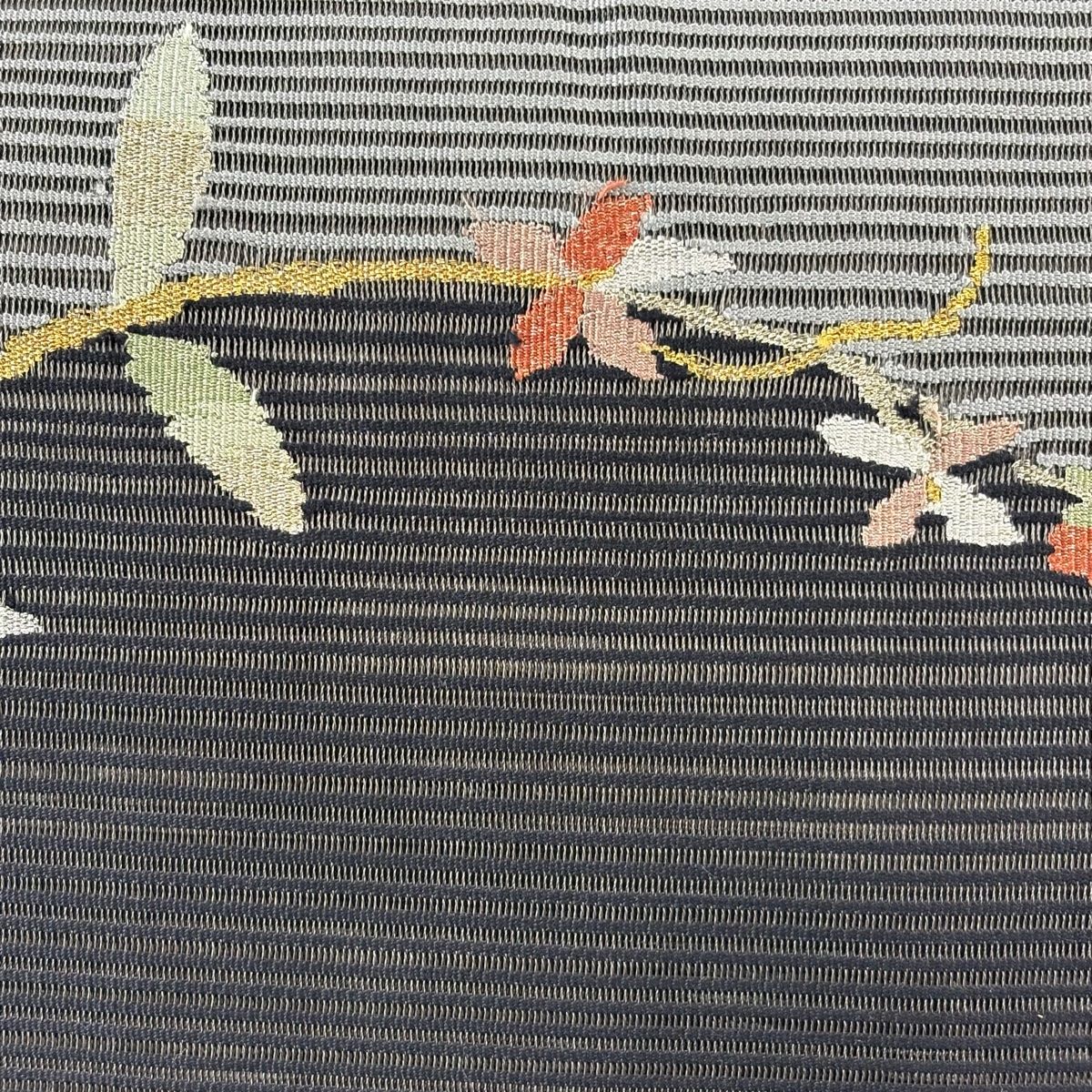 名古屋帯 美品 秀品 夏帯 絽 八寸 月 稲穂 金糸 黒 正絹 名古屋帯 秀品 夏帯 八寸名古屋帯 絽 草花 金銀糸 灰色 正絹