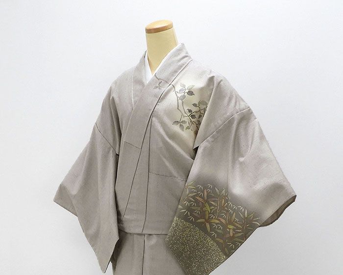 単衣 紬訪問着 新品 仕立上がり 正絹 結城紬 はたおり娘 笹 草 葉 身丈