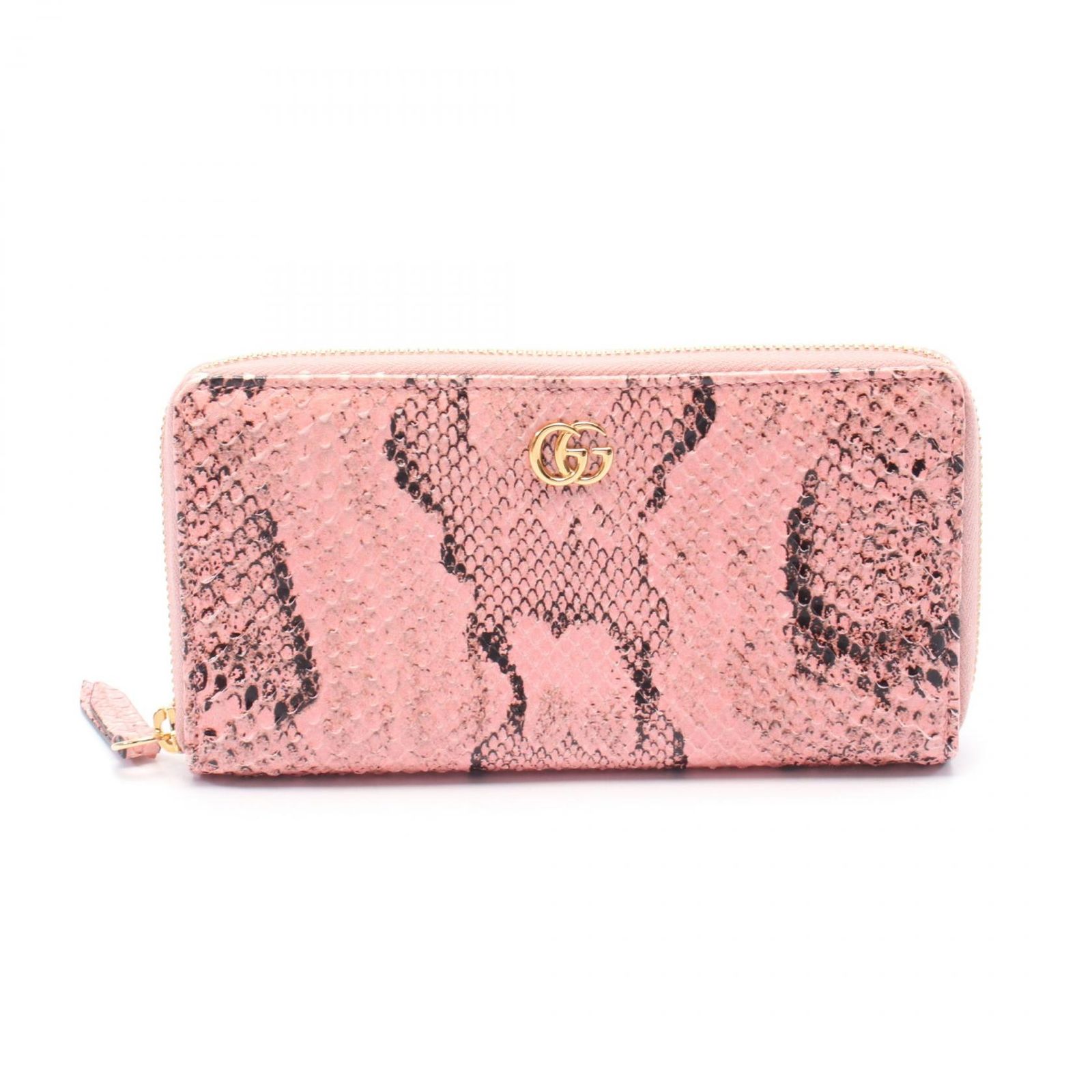 グッチ GUCCI ラウンド長財布 プチマーモント GGマーモント 456117 ピンク|ブラック エキゾチックレザー ダブルG ラウンド長財布 レディース Used A
