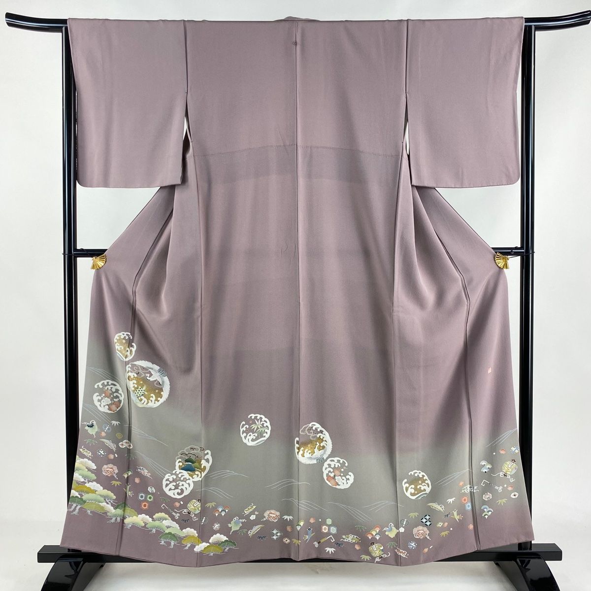 色留袖 身丈158.5cm 裄丈64.5cm M 袷 落款 鶴亀 松竹梅 金彩 ぼかし 紫 正絹 秀品 一つ紋