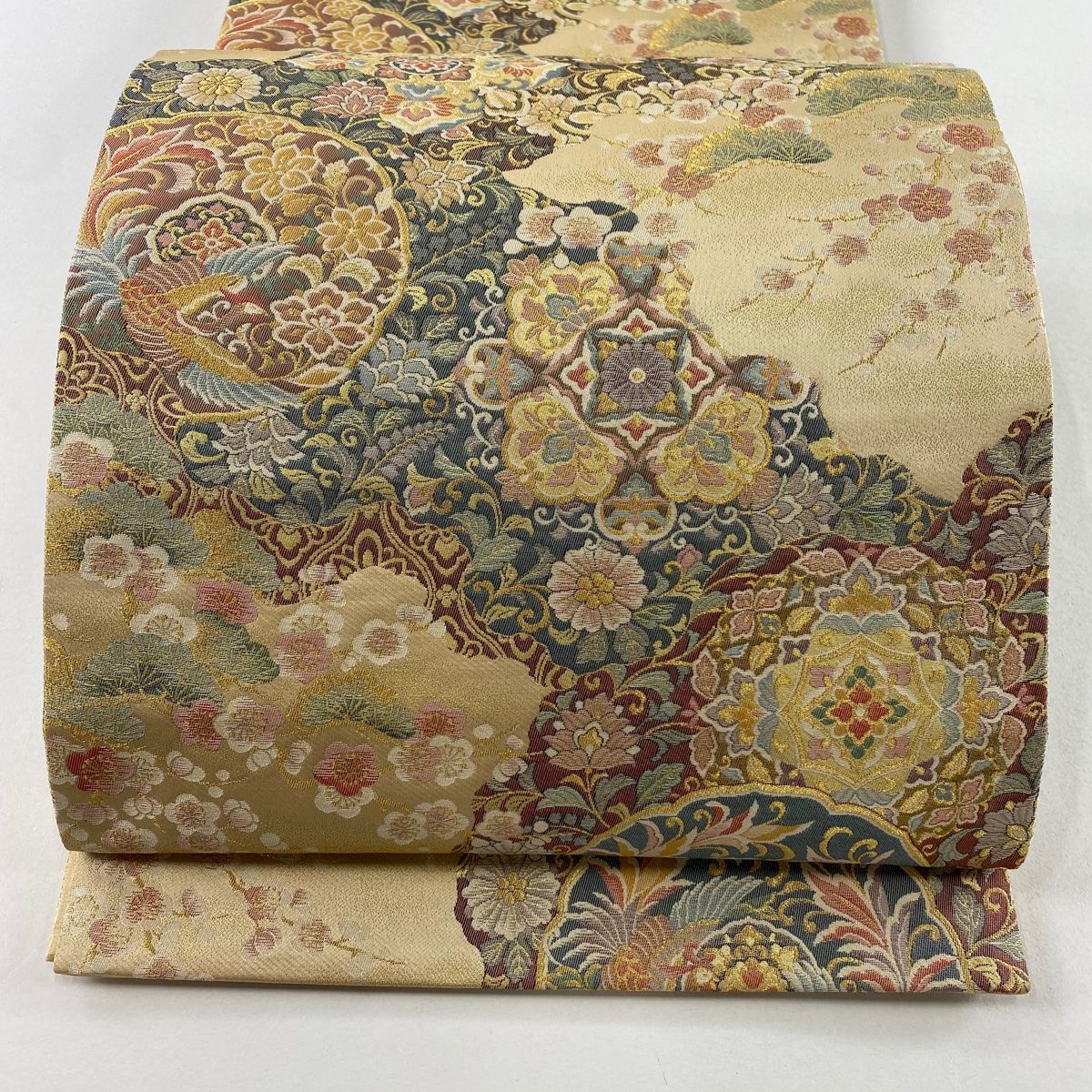 袋帯 美品 名品 本金箔 華文 向かい鳥 金糸 箔 金色 六通 正絹