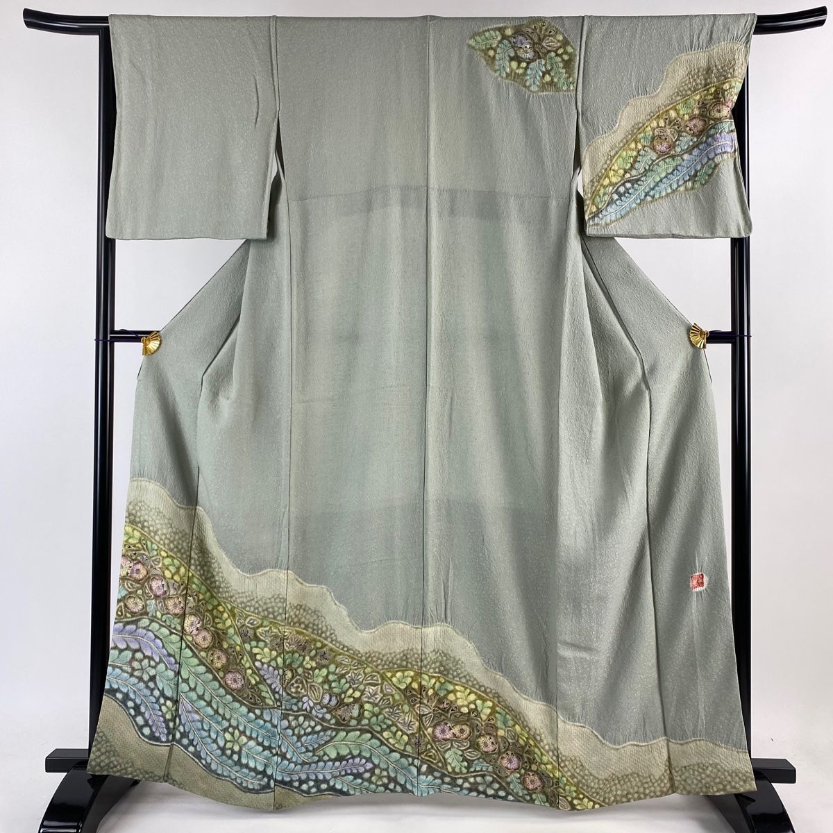 訪問着 身丈164.5cm 裄丈66cm M 袷 樋熊哲也 落款 辻が花柄 絞り 灰緑