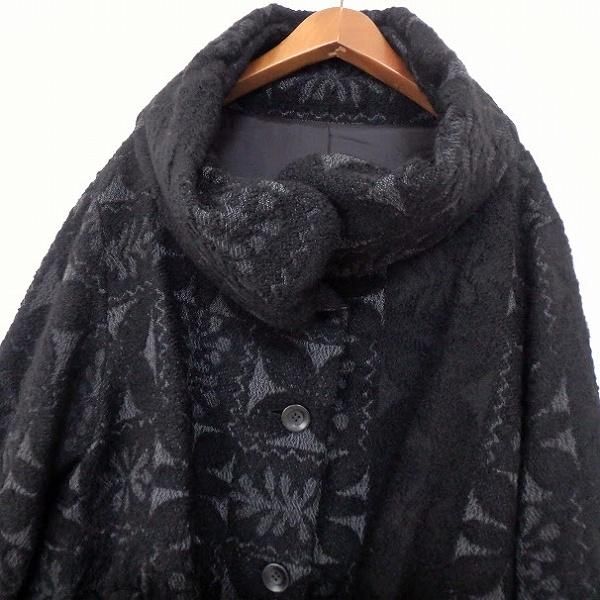 柄入りセンソユニコの黒コート 慈雨 センソユニコ ロングコート ジャガード 総柄 ウール 40 スタンド