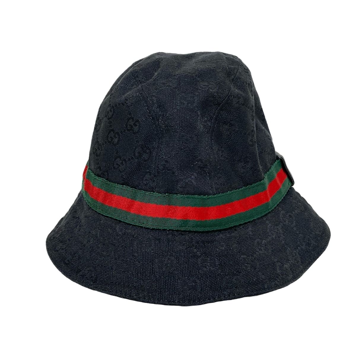 GUCCI グッチ ハット M - 黒×ダークグリーン×レッド GG柄|シェリー ウェブ コットン レザー