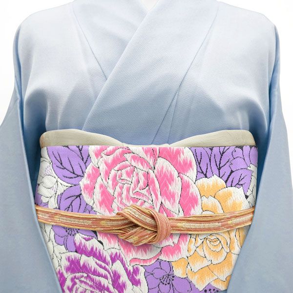 新品】 袋帯 京都 西陣 黒 白 紫 ピンク バラ 薔薇 ローズ 花柄 正絹 
