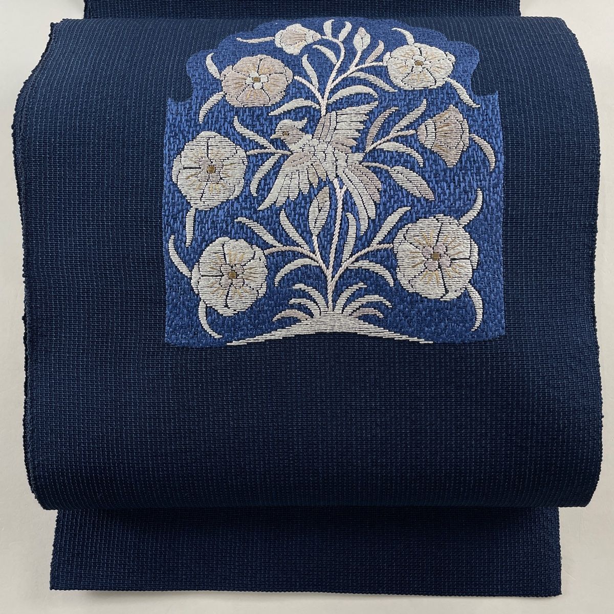 名古屋帯 美品 秀品 夏帯 八寸名古屋帯 松葉仕立て 草花 鳥 刺繍