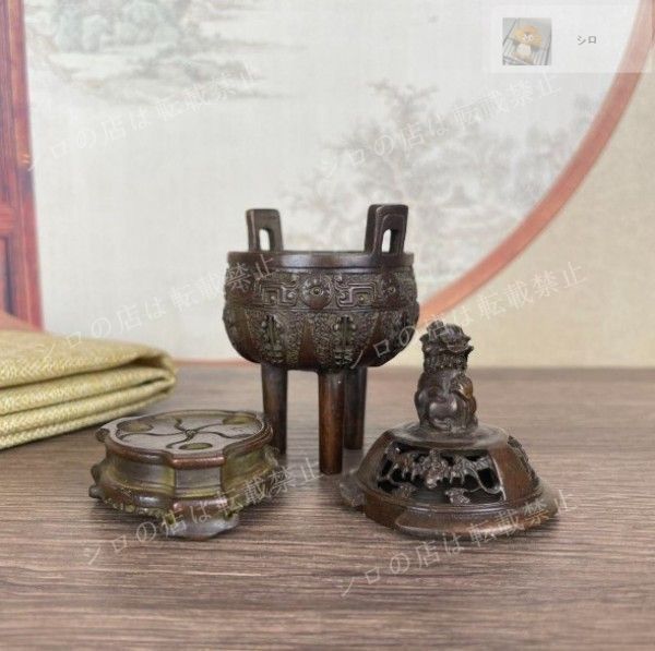 新品】銅器 香炉 双耳三足鼎 瑞獣獅子香炉 薫香炉 茶道 置物