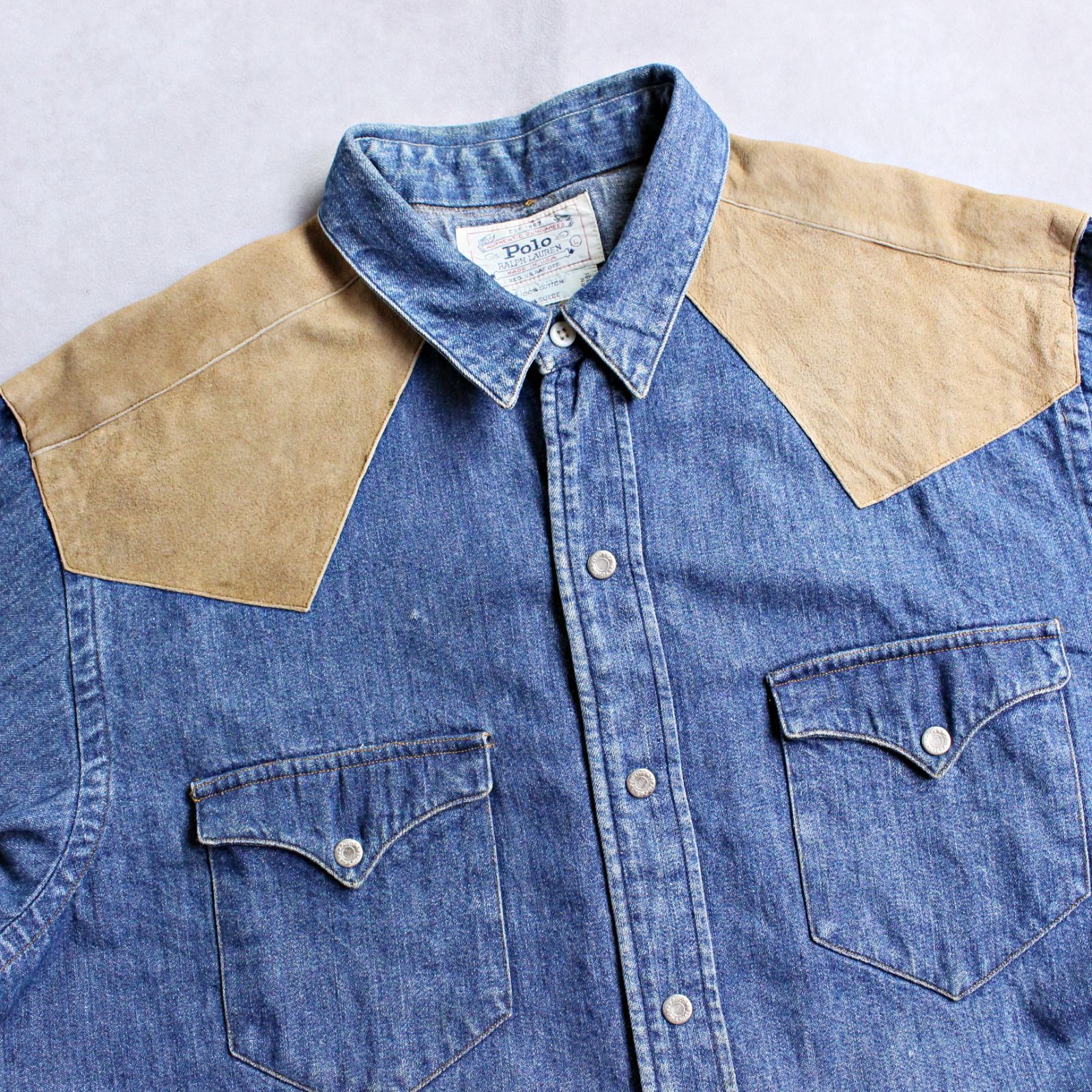 POLO RALPH LAUREN 白タグ スエード切り替え デニムシャツ Lサイズ ビンテージ ラルフローレン