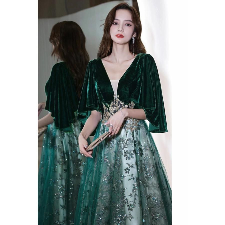 ドレス 大人 ピアノ発表会 ドレス パーティードレス ロング ベルベット 袖あり ドレス 結婚式 韓国 スパンコール ワンピース 上品 ウェディングドレス キ