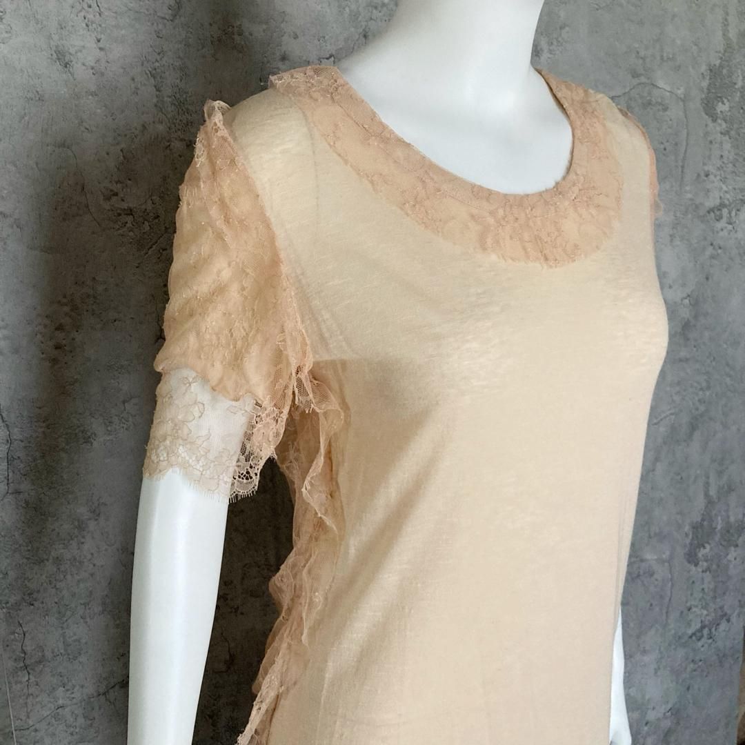 Chloe クロエ レース 切替 カットソーワンピース Tシャツ シアー シースルー イタリア製 リネン シルク混 オレンジベージュ XSサイズ