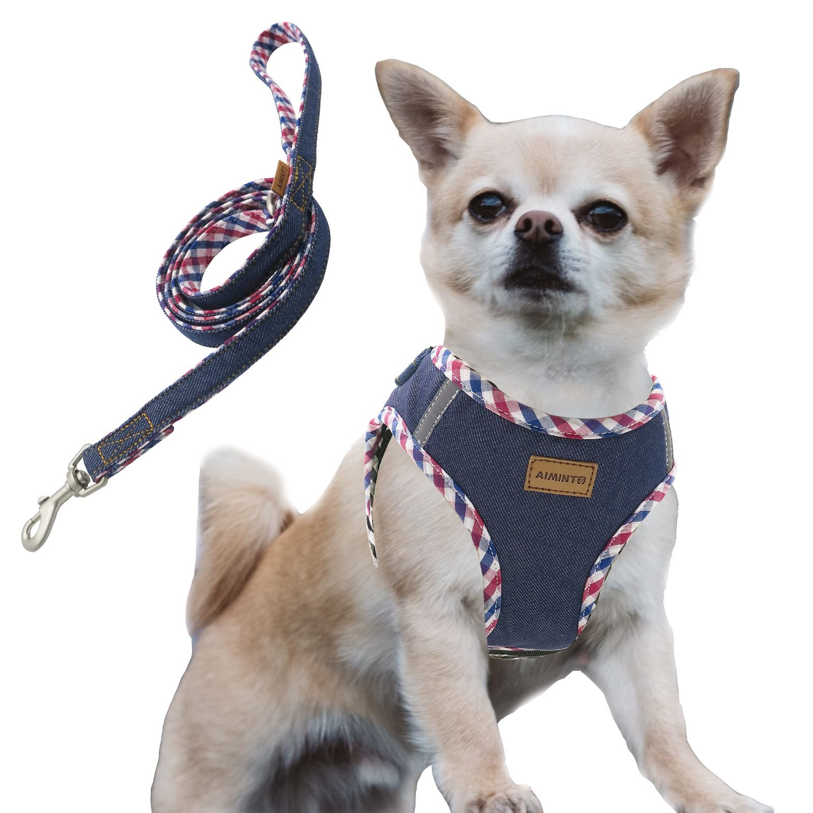 「在庫わずか」胴範囲24-28cm (XXXSサイズ ダーク 猫や小型犬用 - ブルー) デニム犬用ハーネス＆リードセット、通気性の高いメッシュ素材、軽量、ハーネス胸元に反射材付き Aiminto