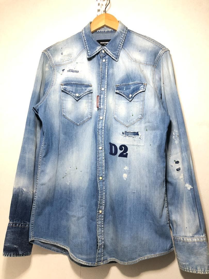 044010 DSQUARED2 長袖 ダメージ加工 リペア デニム シャツ ウエスタン 48 ディースクエアード2