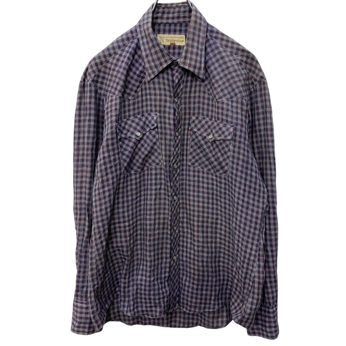 長袖シャツ　チェックシャツ　ウエスタン風　スエード　スナップボタン　古着 WESTERN Stylewise 長袖 チェック ウエスタンシャツ L ネイビー