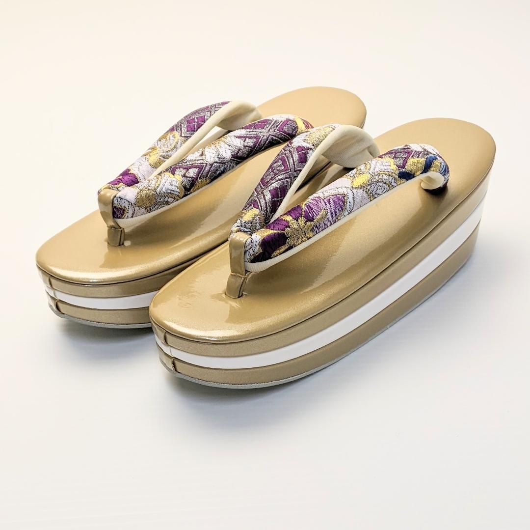 綾草履バッグセット和装 草履バッグセット 振袖用 帯地 金×白×紫 Sサイズ 三枚芯 w43-4