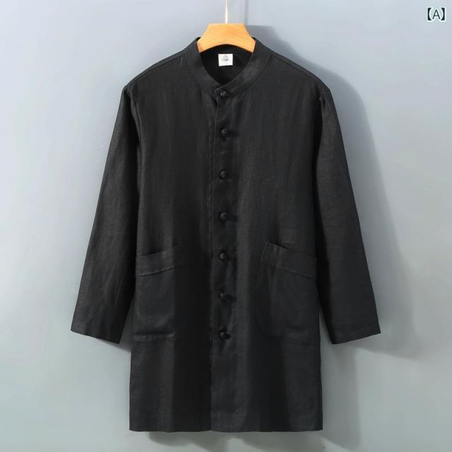 XL メンズ ファッション 服 男性用 オシャレ シンプル 大人 かっこいい 大きいサイズ ストリート 紳士服 リネン ミドル丈 シャツ ジャケット レトロ プレート ボタン フル リネン 生地 シャツ トップス 服