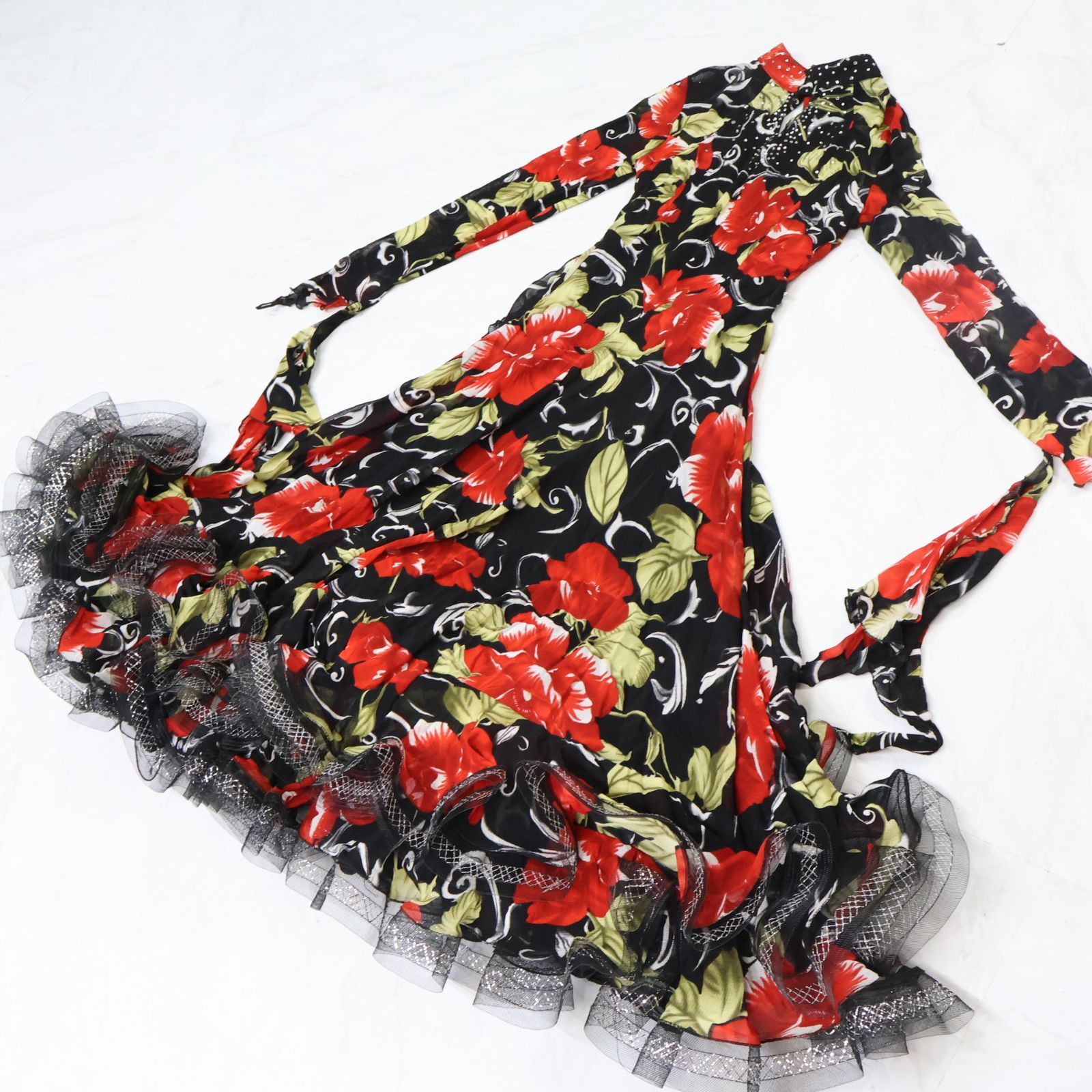 【美品 社交ダンス衣装】ワンピース ドレス 赤 黒 ブラック レッド キラキラ 送料無料』美品 社交ダンス衣装ワンピース ドレス JUN FASHION 赤