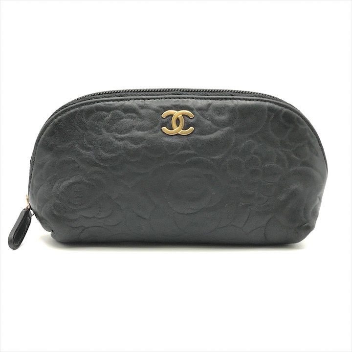 CHANEL ココ・シャネル ポーチ カメリア柄 良品 CHANEL シャネル ココマーク カメリア ラムスキン コスメ ポーチ