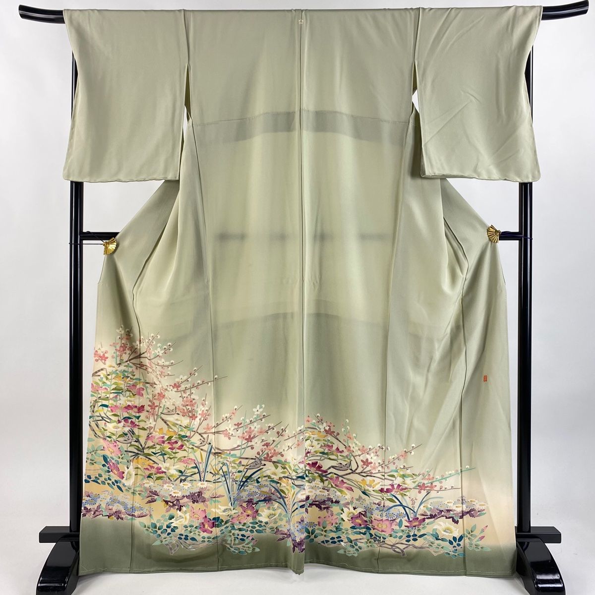 色留袖 身丈168cm 裄丈69cm L 袷 落款 枝花 鳥 ぼかし 灰緑 正絹 一つ紋