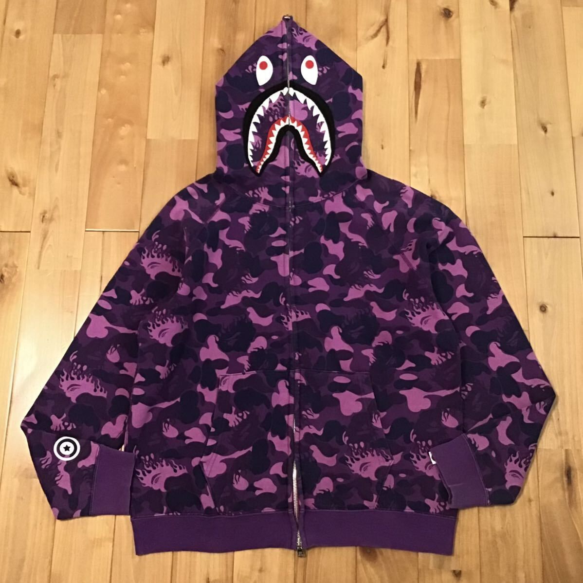 ムック限定 Fire camo シャーク パーカー Sサイズ shark full zip hoodie a bathing ape flame BAPE purple camo エイプ ベイプ