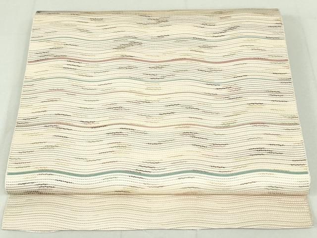 専用 半幅帯 本場筑前博多織 証紙付 百合の花模様 象牙色 O-3951 平和屋着物○本場筑前博多織 八寸名古屋帯 よろけ縞 松装織物