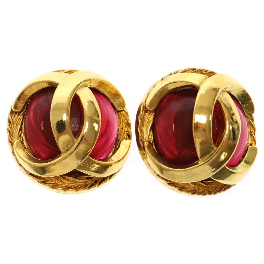 CHANEL シャネル ココマーク グリポア イヤリング ゴールド×レッド GP アクセサリー ヴィンテージ マメ有