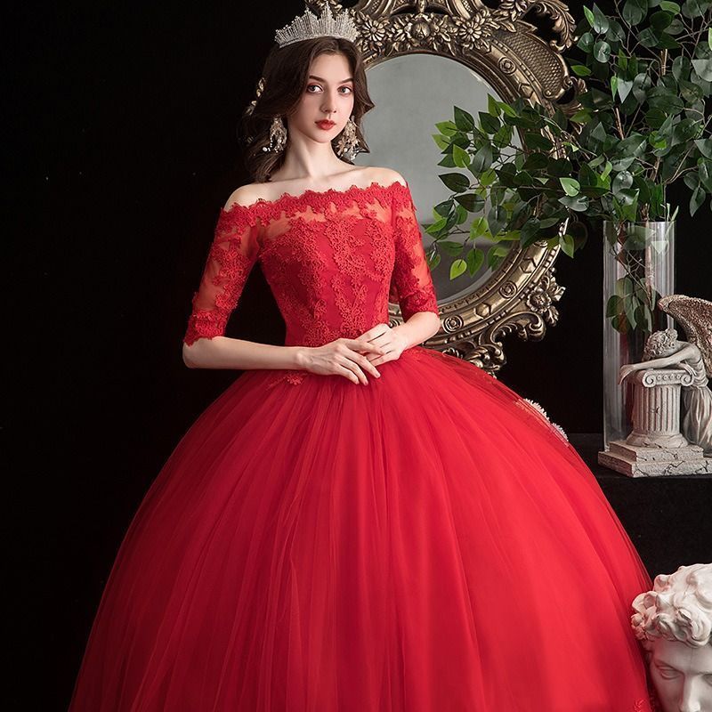 ウェディングドレス ドレス 大きいサイズ 小さいサイズ 赤 レッド 結婚式 パーティー 謝恩会 ロング XS S M L XL 2XL XXL 3XL XXXL 4XL XXXXL 花嫁 披露宴 フォーマル 紐タイプ フェミニン