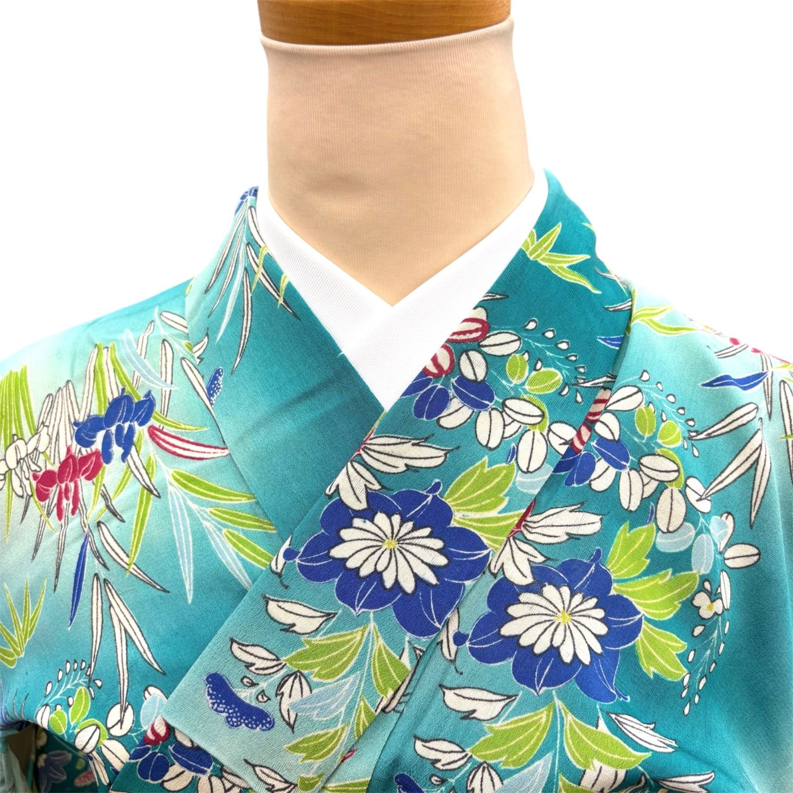 アンティーク着物 単衣 夏着物 小紋 花 浅葱(あさぎ)色 正絹 やわらか 