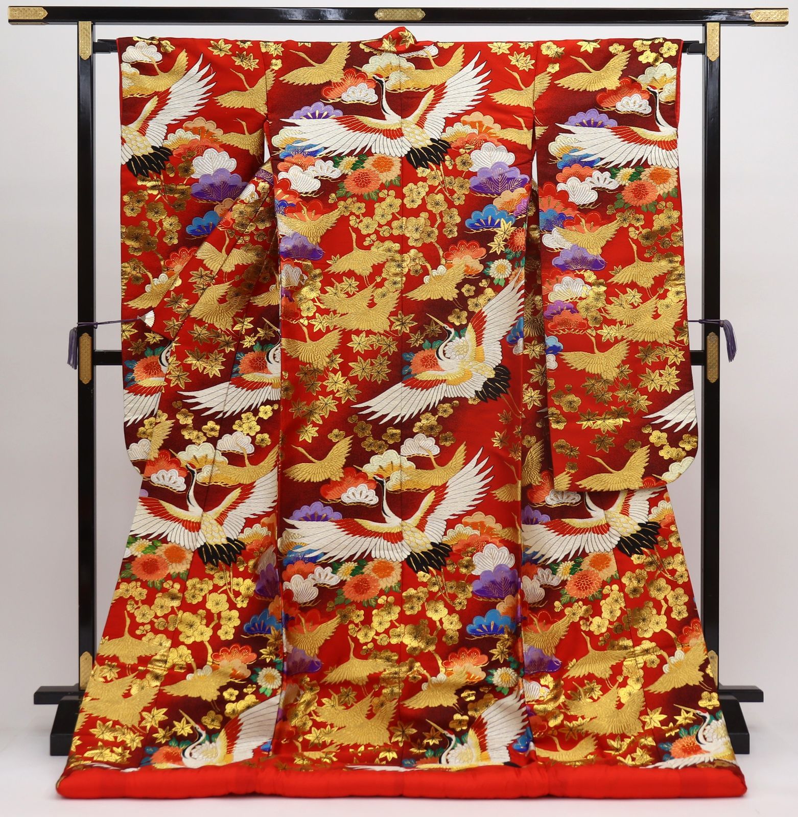 絶対お買い得!! 色打掛 鮮やか 鶴 梅 紅葉 梅 赤 金b6227