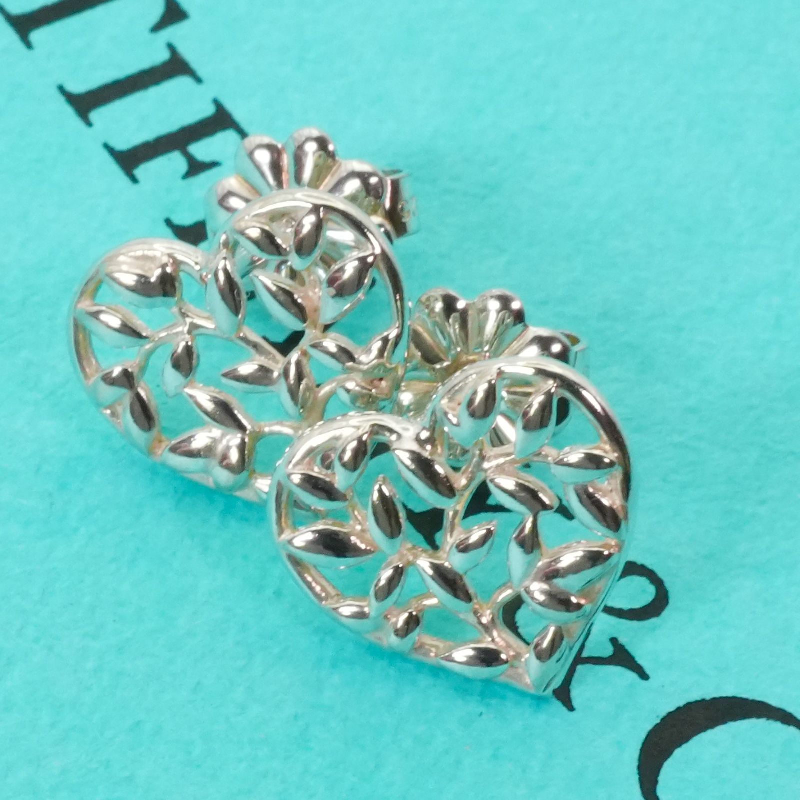 極美品 ティファニー オリーブリーフ ハート ピアス 透かし/25-24S