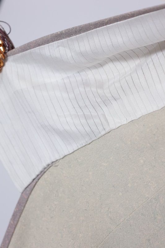 訪問着　グレー　紫　グリーン　ゴールド　珊瑚朱　扇面　花　青海波　汕頭刺繍　飾り縫い紋　T538 訪問着 グレー 紫 グリーン ゴールド 珊瑚朱 扇面 花 青海波 汕頭刺繍