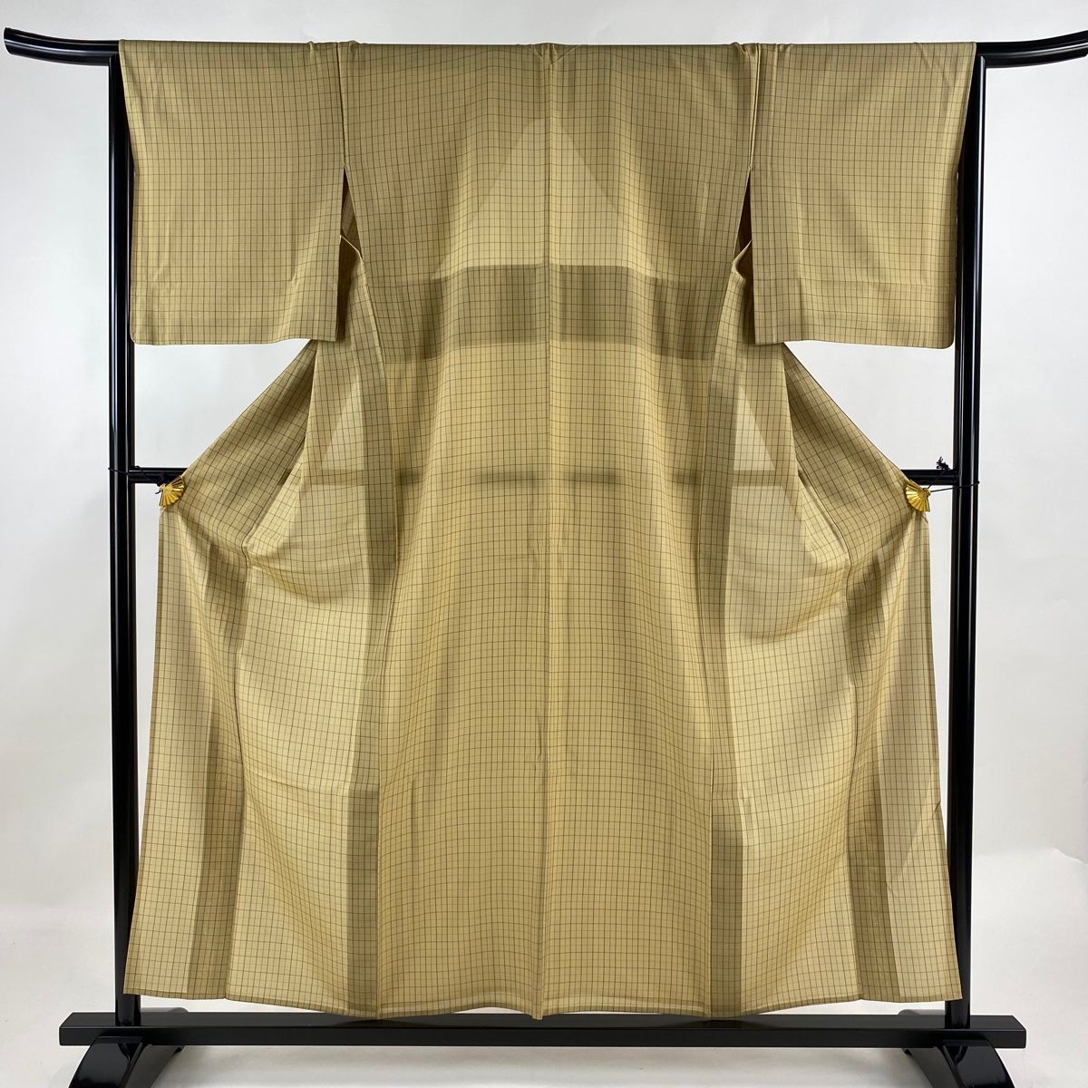 大島紬 身丈156.5cm 裄丈64.5cm M 薄物 格子 薄茶色 正絹 名品 【中古  