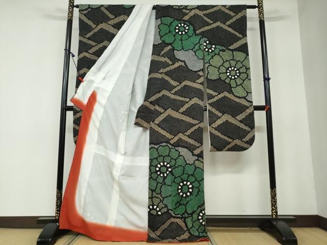 平和屋着物 豪華振袖 総絞り 草花文 黒地 正絹 DAAW5843ud