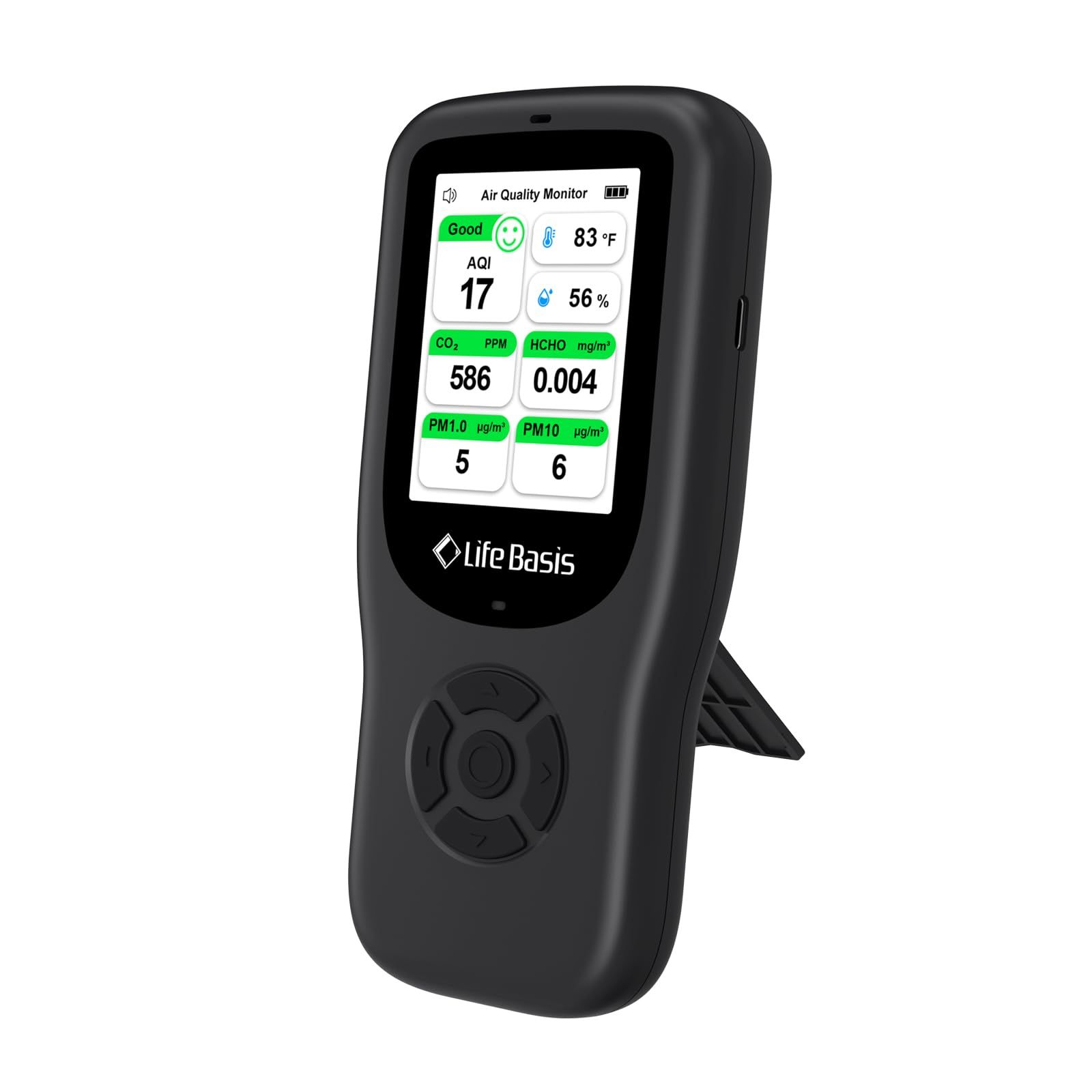 商品 LifeBasis二酸化炭素濃度計 温湿度計 ホルムアルデヒド濃度計 PM2.5測定器 10in1マルチ空気状況測定器 アラート機能通知付き CO2センサー PM10測定器 PM1.0測定器 粒子状汚染物質測定器 快適指数 時計 大画面 高精度 卓上